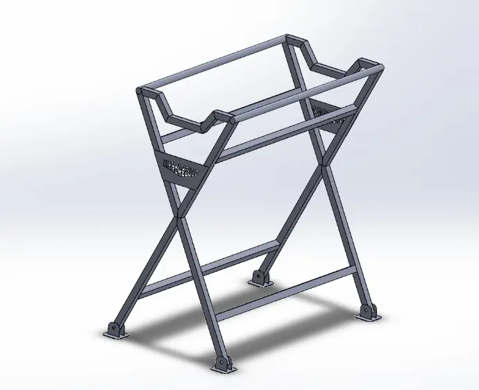 A 3D rendering of the Marchelulu heavy-duty steel braai stand, featuring a stable X-frame design and custom cradle for the V-Bucket.