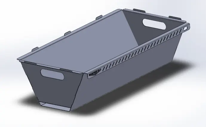 A 3D rendering of the Marchelulu V-Bucket, a custom-measured mild steel braai insert with carry handles and a lipped edge.