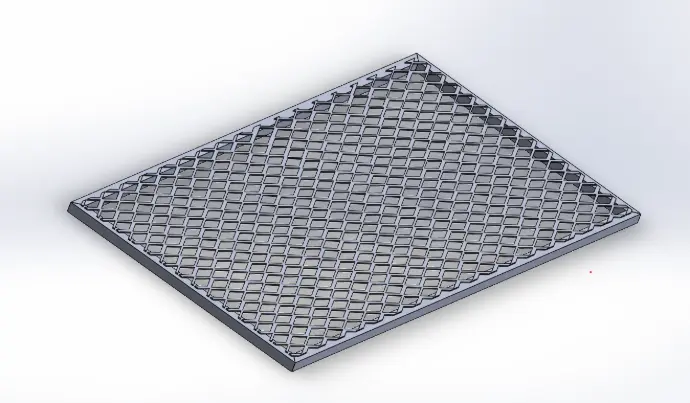 A 3D rendering of a custom-fit expanded metal braai grid with a steel frame, designed for cooking.